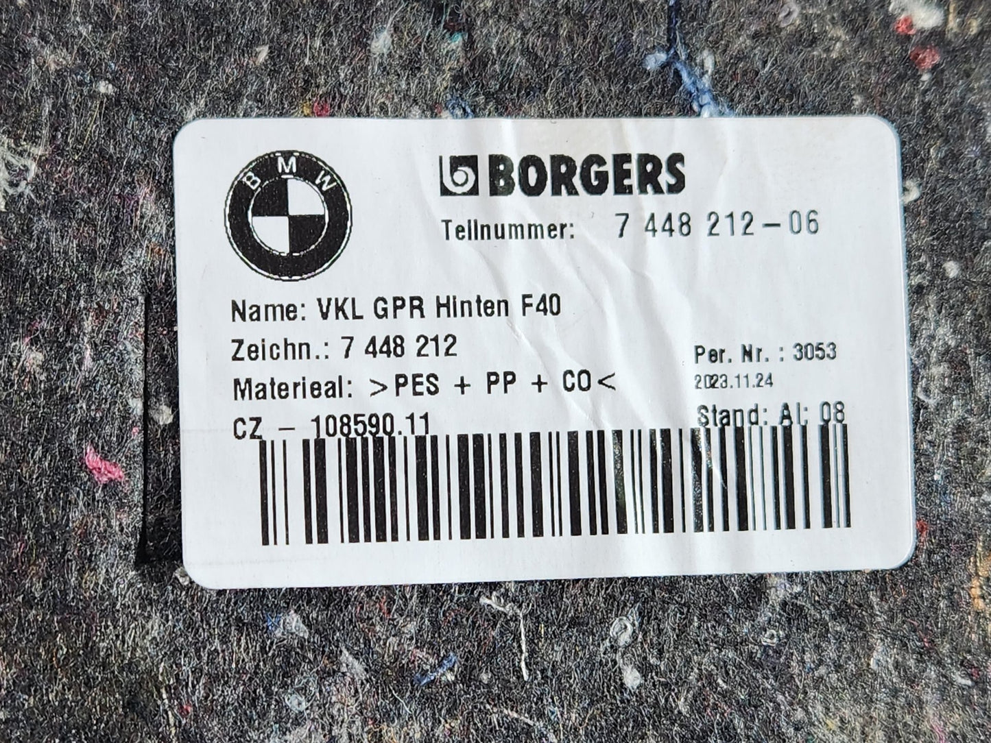 BMW 118i F40 Hatchback Boot Trunk Carpet Trim Cover Genuine 7448212